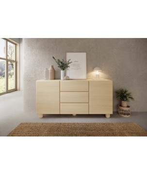 COMO komoda 160 cm 2 drzwi 3 szuflady jasne drewno – nowoczesna komoda MDF, push-to-open, pełen wysuw, drewniane nogi, minimalis