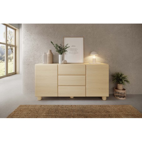 COMO komoda 160 cm 2 drzwi 3 szuflady jasne drewno – nowoczesna komoda MDF, push-to-open, pełen wysuw, drewniane nogi, minimalis