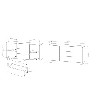 COMO komoda 160 cm 2 drzwi 3 szuflady jasne drewno – nowoczesna komoda MDF, push-to-open, pełen wysuw, drewniane nogi, minimalis