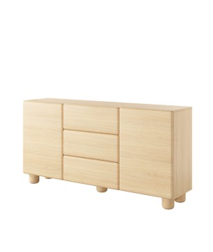 COMO komoda 160 cm 2 drzwi 3 szuflady jasne drewno – nowoczesna komoda MDF, push-to-open, pełen wysuw, drewniane nogi, minimalis