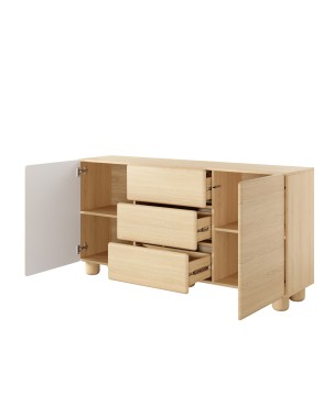 COMO komoda 160 cm 2 drzwi 3 szuflady jasne drewno – nowoczesna komoda MDF, push-to-open, pełen wysuw, drewniane nogi, minimalis