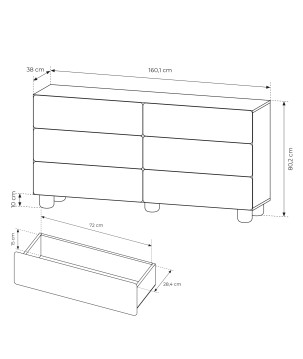 COMO komoda 160 cm 6 szuflad jasne drewno – nowoczesna komoda MDF, push-to-open, pełen wysuw, drewniane nogi, minimalistyczny de