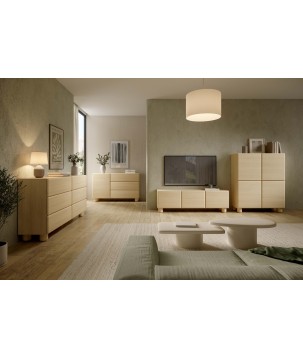 COMO komoda 160 cm 6 szuflad jasne drewno – nowoczesna komoda MDF, push-to-open, pełen wysuw, drewniane nogi, minimalistyczny de