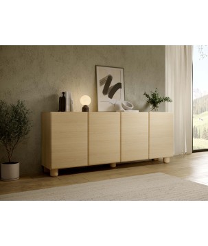 COMO komoda 200 cm 4-drzwiowa jasne drewno – nowoczesna duża komoda MDF, push-to-open, drewniane nogi, minimalistyczny design