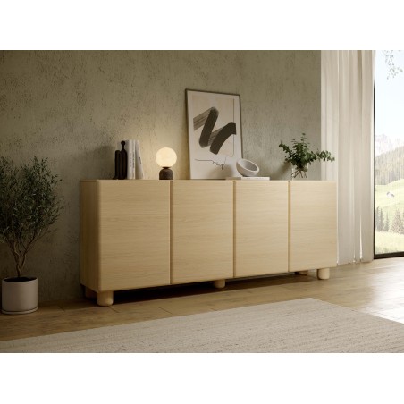 COMO komoda 200 cm 4-drzwiowa jasne drewno – nowoczesna duża komoda MDF, push-to-open, drewniane nogi, minimalistyczny design