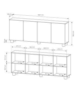 COMO komoda 200 cm 4-drzwiowa jasne drewno – nowoczesna duża komoda MDF, push-to-open, drewniane nogi, minimalistyczny design