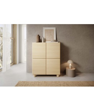 COMO wysoka komoda 4-drzwiowa jasne drewno – nowoczesna komoda MDF, push-to-open, drewniane nogi, minimalistyczny design, zaokrą