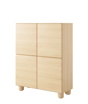 COMO wysoka komoda 4-drzwiowa jasne drewno – nowoczesna komoda MDF, push-to-open, drewniane nogi, minimalistyczny design, zaokrą