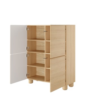 COMO wysoka komoda 4-drzwiowa jasne drewno – nowoczesna komoda MDF, push-to-open, drewniane nogi, minimalistyczny design, zaokrą