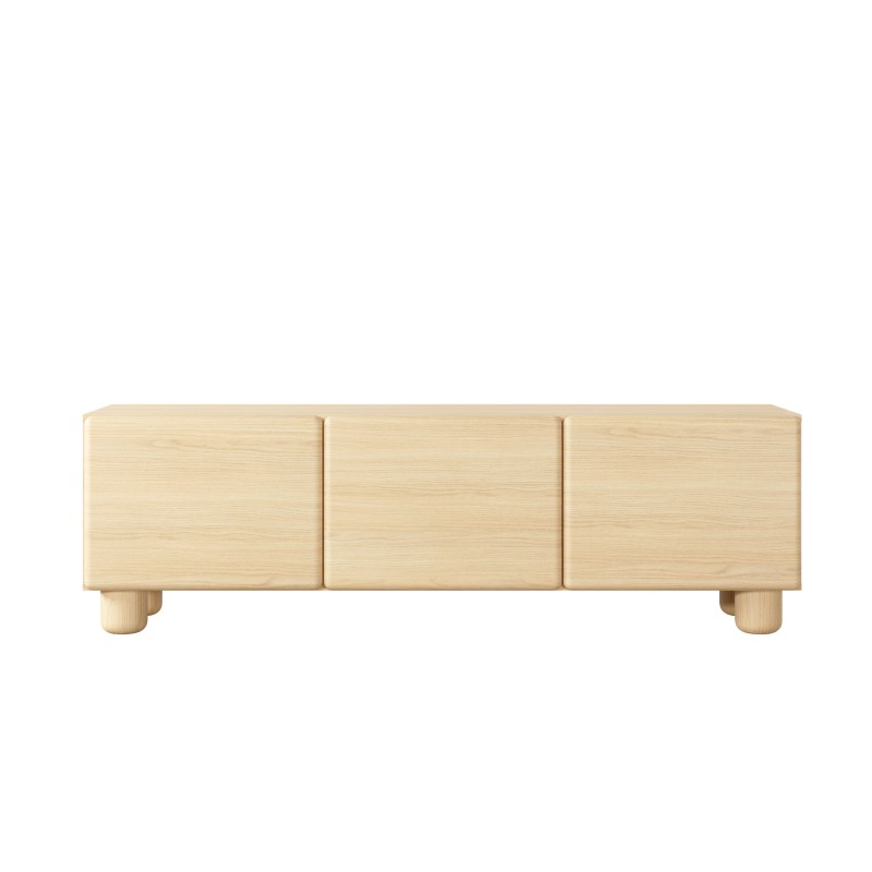 COMO stolik RTV 150 cm 3-drzwiowy jasne drewno – nowoczesna minimalistyczna szafka RTV MDF, push-to-open, drewniane nogi, zaokrą COMO stolik RTV 150 cm 3-drzwiowy jasne drewno – nowoczesna minimalistyczna szafka RTV MDF, push-to-open, drewniane nogi, zaokrą