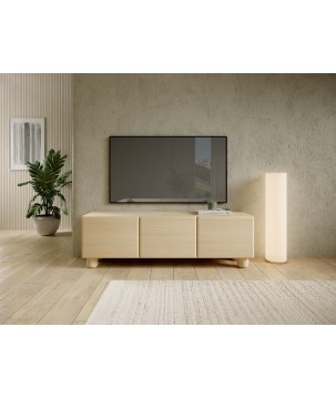 COMO stolik RTV 150 cm 3-drzwiowy jasne drewno – nowoczesna minimalistyczna szafka RTV MDF, push-to-open, drewniane nogi, zaokrą