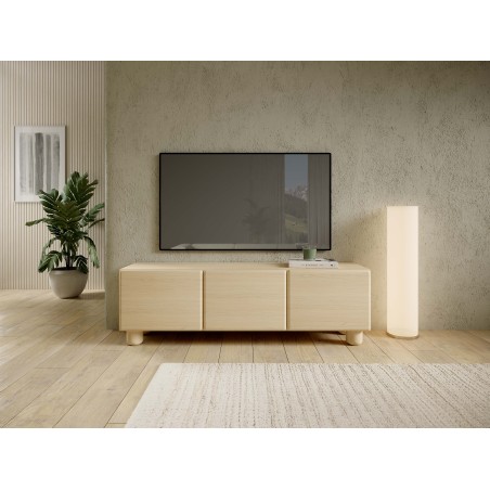 COMO stolik RTV 150 cm 3-drzwiowy jasne drewno – nowoczesna minimalistyczna szafka RTV MDF, push-to-open, drewniane nogi, zaokrą