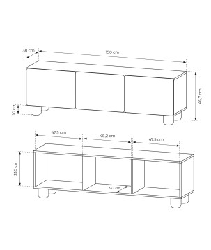 COMO stolik RTV 150 cm 3-drzwiowy jasne drewno – nowoczesna minimalistyczna szafka RTV MDF, push-to-open, drewniane nogi, zaokrą