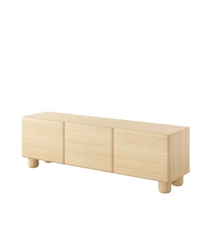 COMO stolik RTV 150 cm 3-drzwiowy jasne drewno – nowoczesna minimalistyczna szafka RTV MDF, push-to-open, drewniane nogi, zaokrą
