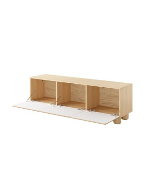 COMO stolik RTV 150 cm 3-drzwiowy jasne drewno – nowoczesna minimalistyczna szafka RTV MDF, push-to-open, drewniane nogi, zaokrą