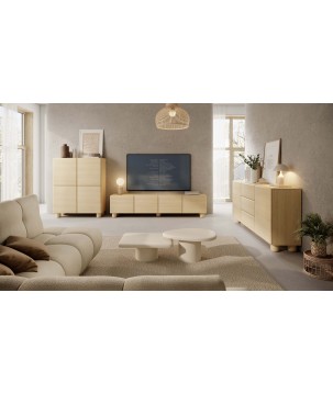 COMO stolik RTV 150 cm 3-drzwiowy jasne drewno – nowoczesna minimalistyczna szafka RTV MDF, push-to-open, drewniane nogi, zaokrą