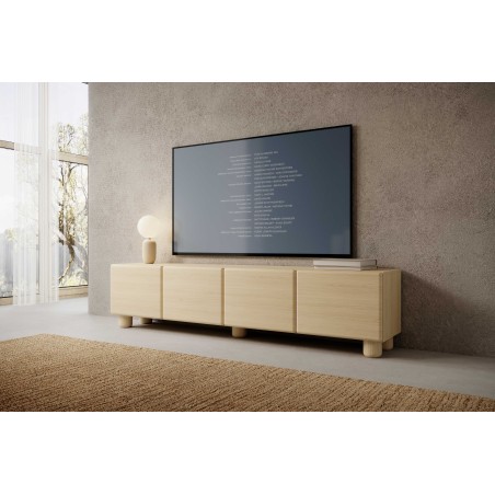 COMO stolik RTV 200 cm 4-drzwiowy jasne drewno – nowoczesna minimalistyczna szafka RTV MDF, push-to-open, drewniane nogi, zaokrą