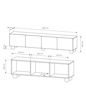 COMO stolik RTV 200 cm 4-drzwiowy jasne drewno – nowoczesna minimalistyczna szafka RTV MDF, push-to-open, drewniane nogi, zaokrą