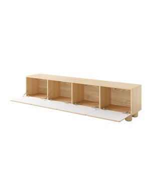 COMO stolik RTV 200 cm 4-drzwiowy jasne drewno – nowoczesna minimalistyczna szafka RTV MDF, push-to-open, drewniane nogi, zaokrą