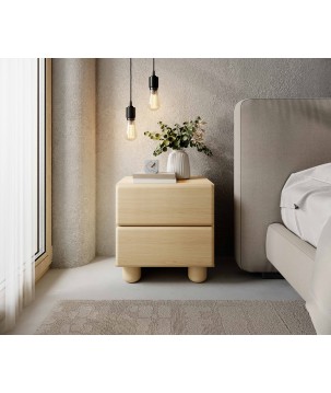 COMO stolik nocny 2 szuflady jasne drewno – nowoczesna minimalistyczna szafka nocna MDF, push-to-open, drewniane nogi, pełen wys