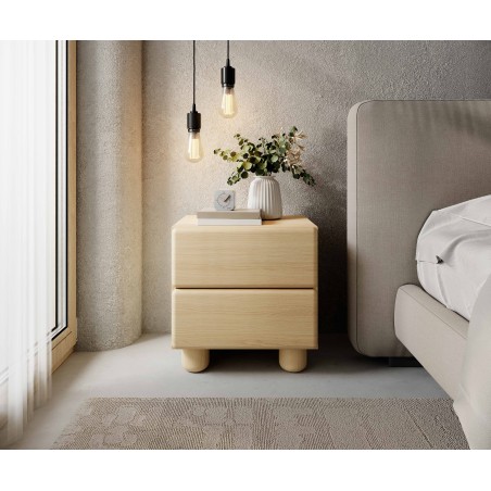 COMO stolik nocny 2 szuflady jasne drewno – nowoczesna minimalistyczna szafka nocna MDF, push-to-open, drewniane nogi, pełen wys