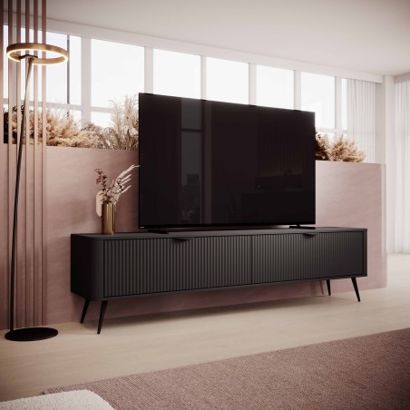 Czarna Szafka RTV LETNA 200 cm 2D – szafka pod telewizor na nóżkach do salonu z frezowanymi frontami