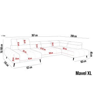 Narożnik MAVEL XL z funkcją relax zagłówka i podłokietnika, z elektrycznie regulowaną głębokością siedziska APHRODITE 07 WERSAL