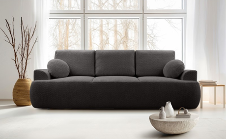 Wolnostojąca, 2-osobowa sofa Velo marki Wersal z funkcją spania pozwalającą rozłożyć sofę w ciemno szarym kolorze